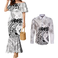Polynesian Women's Day Couples Matching Mermaid Dress and Long Sleeve Button Shirt Plumeria Passion - White LT7 White - Polynesian Pride