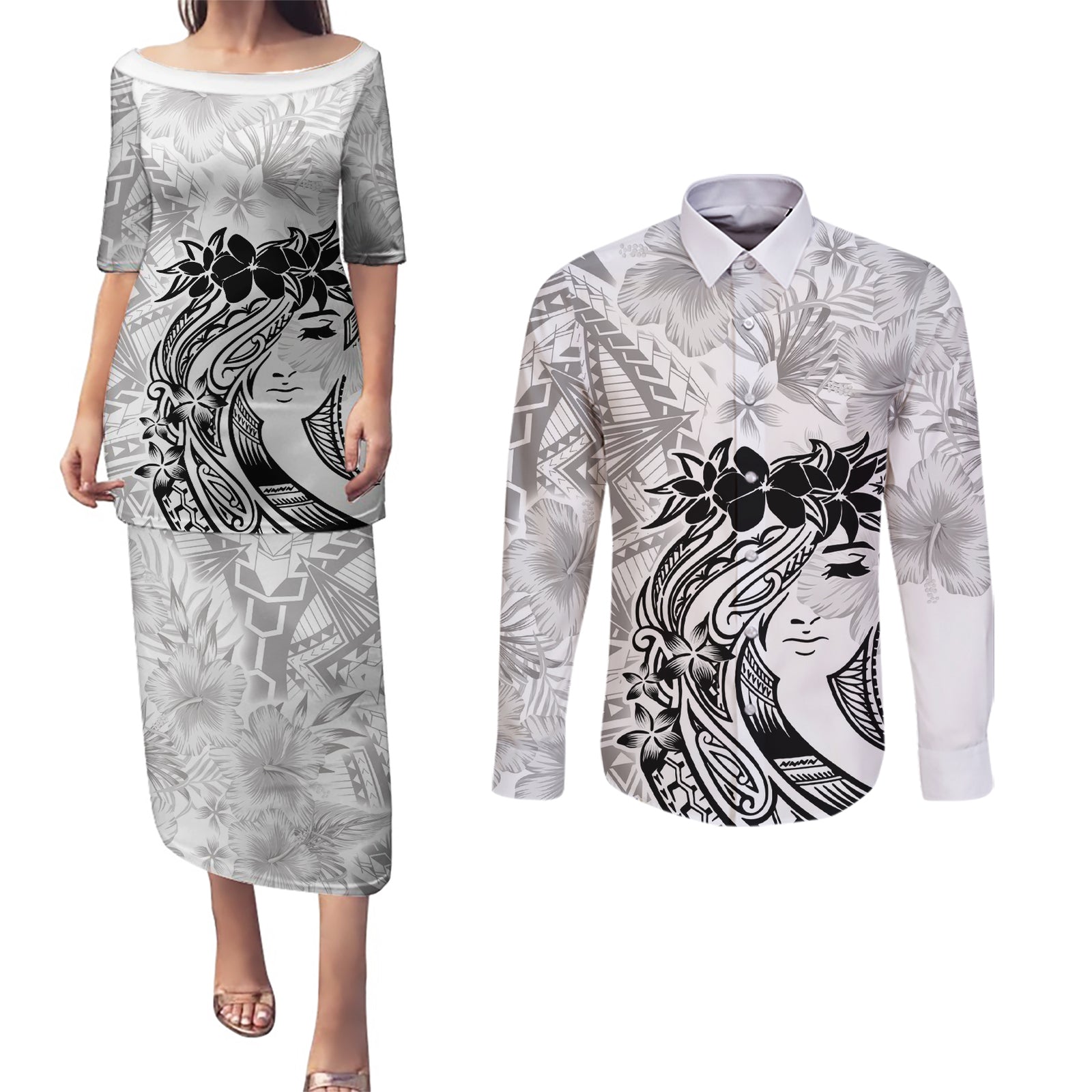 Polynesian Women's Day Couples Matching Puletasi and Long Sleeve Button Shirt Plumeria Passion - White LT7 White - Polynesian Pride