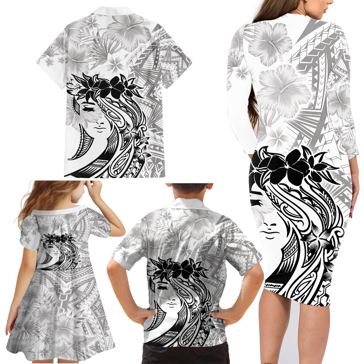 Polynesian Women's Day Family Matching Long Sleeve Bodycon Dress and Hawaiian Shirt Plumeria Passion - White LT7 - Polynesian Pride