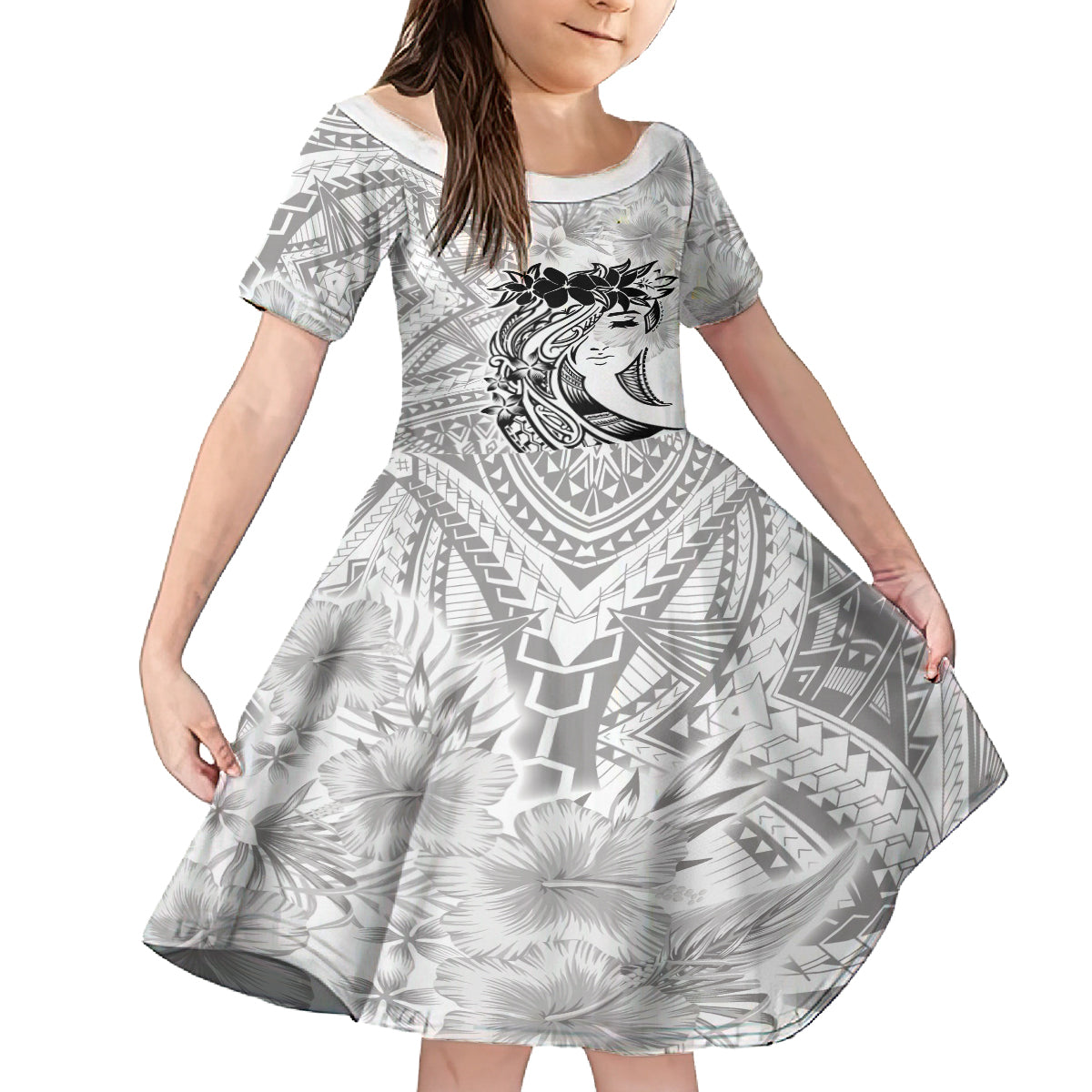 Polynesian Women's Day Family Matching Off Shoulder Long Sleeve Dress and Hawaiian Shirt Plumeria Passion - White LT7 Daughter's Dress White - Polynesian Pride
