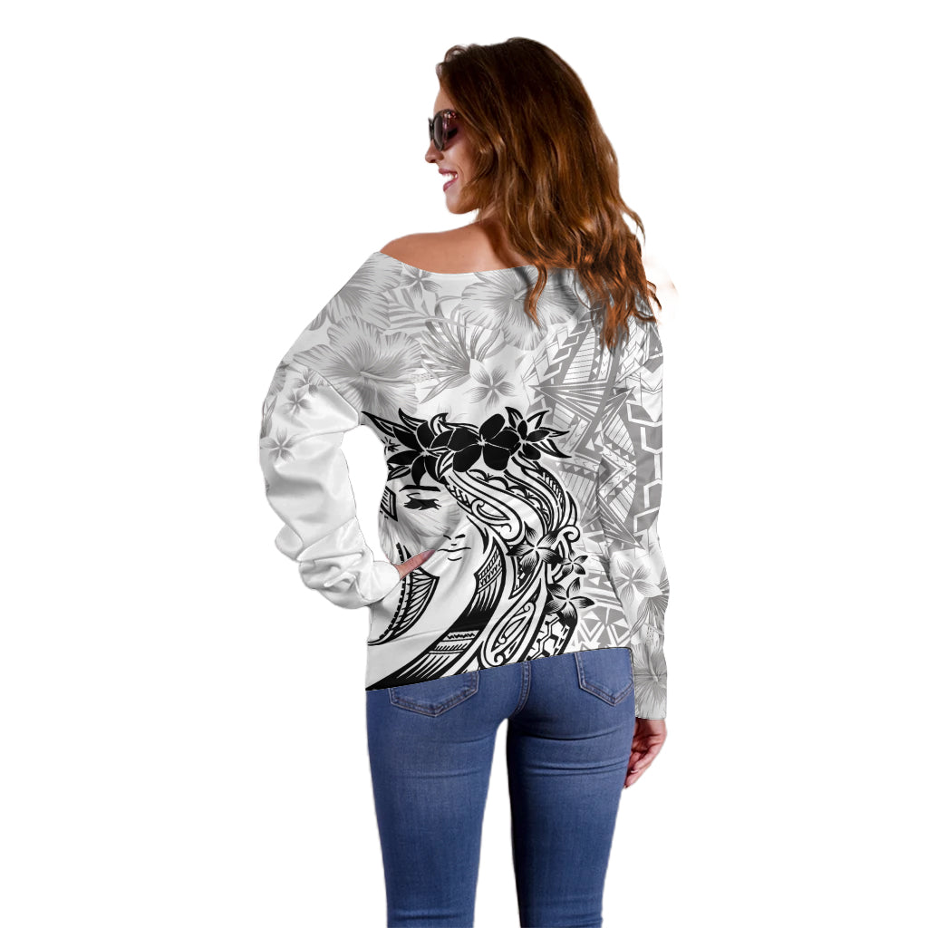Polynesian Women's Day Off Shoulder Sweater Plumeria Passion - White LT7 - Polynesian Pride