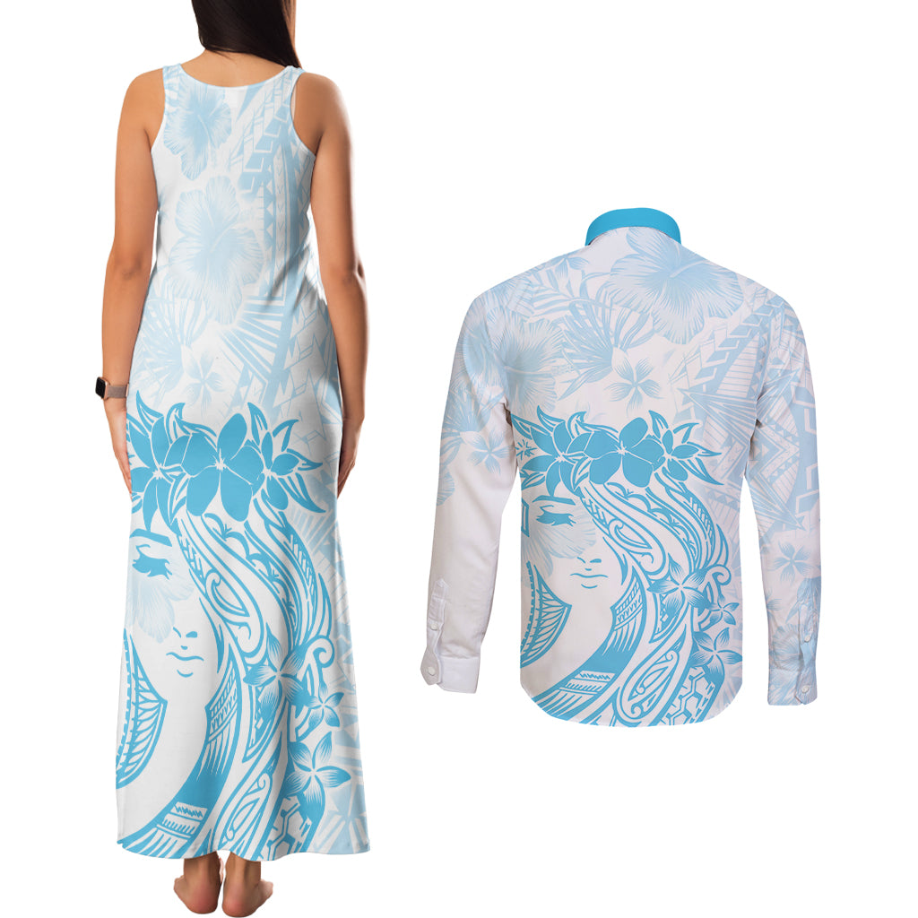 Polynesian Women's Day Couples Matching Tank Maxi Dress and Long Sleeve Button Shirt Plumeria Passion - Turquoise LT7 - Polynesian Pride