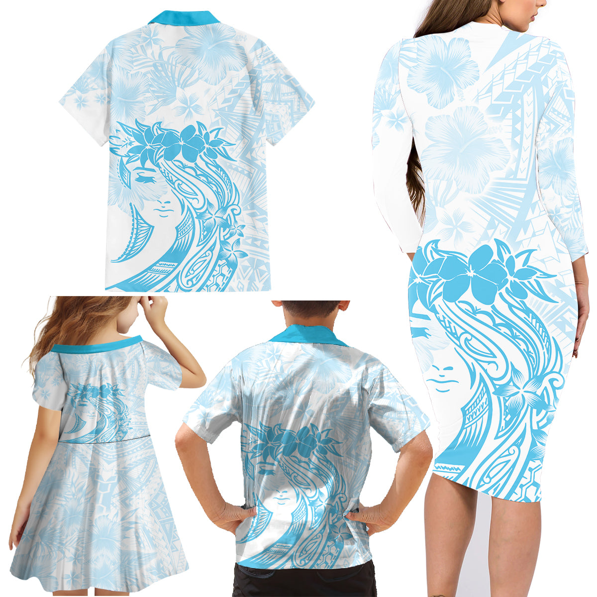 Polynesian Women's Day Family Matching Long Sleeve Bodycon Dress and Hawaiian Shirt Plumeria Passion - Turquoise LT7 - Polynesian Pride