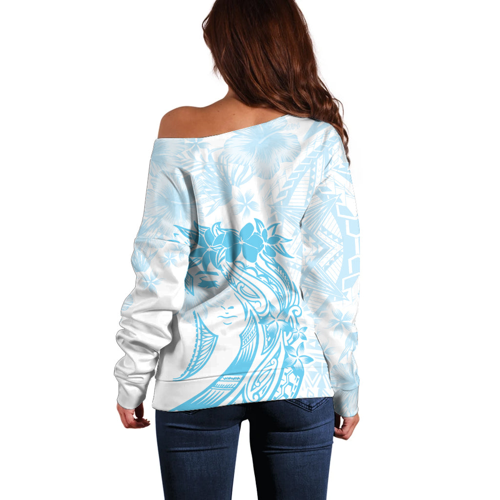Polynesian Women's Day Off Shoulder Sweater Plumeria Passion - Turquoise LT7 - Polynesian Pride