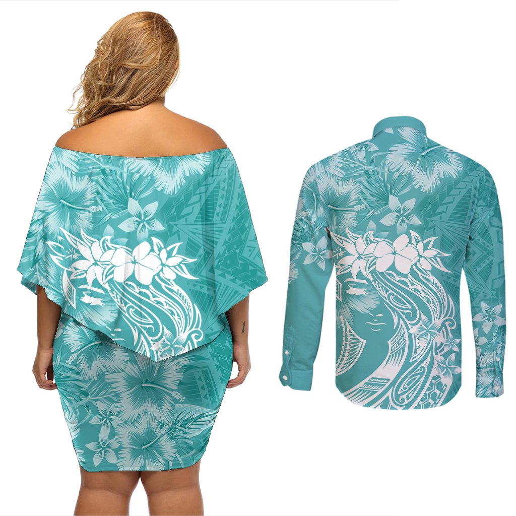 Polynesian Women's Day Couples Matching Off Shoulder Short Dress and Long Sleeve Button Shirt Plumeria Passion - Teal LT7 - Polynesian Pride