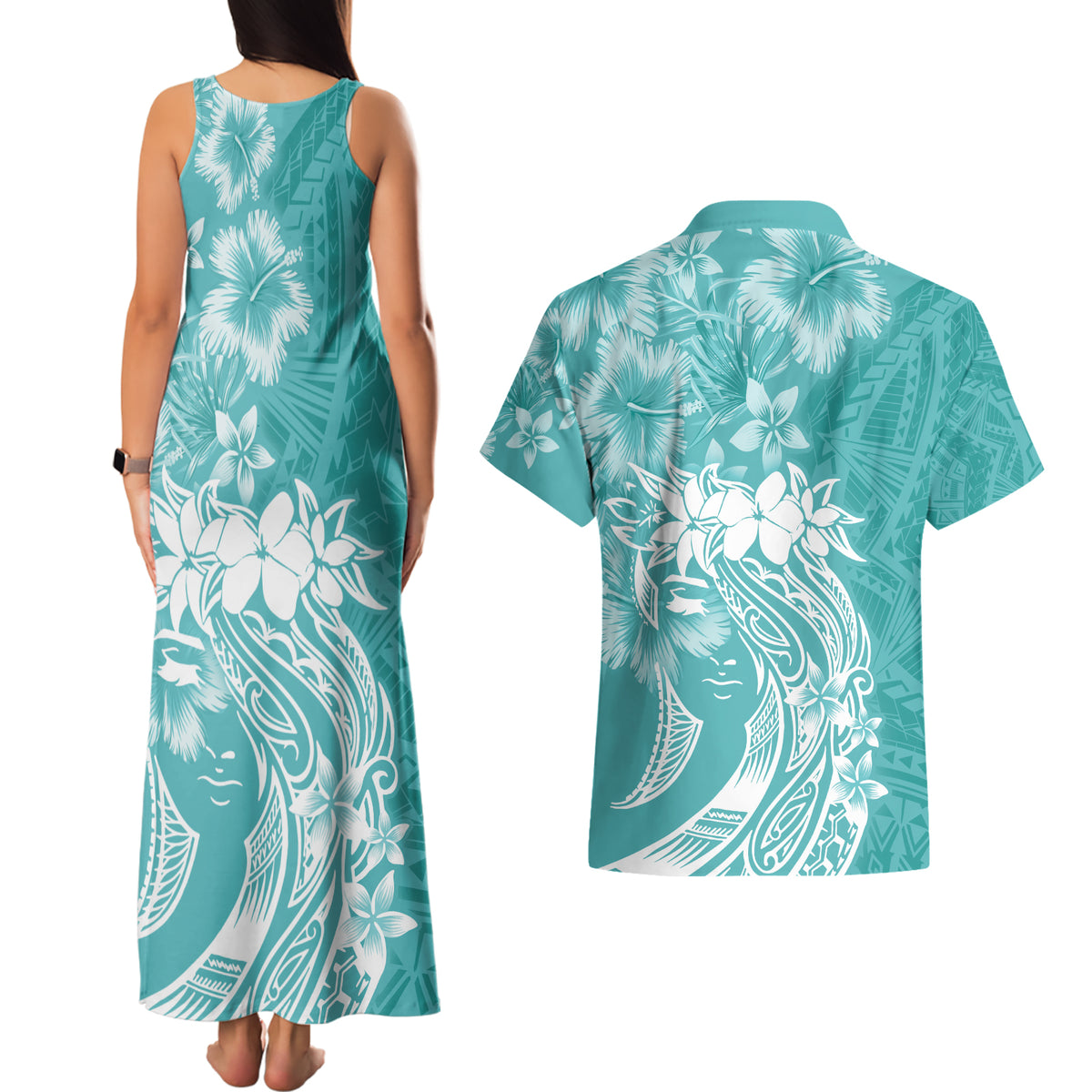 Polynesian Women's Day Couples Matching Tank Maxi Dress and Hawaiian Shirt Plumeria Passion - Teal LT7 - Polynesian Pride