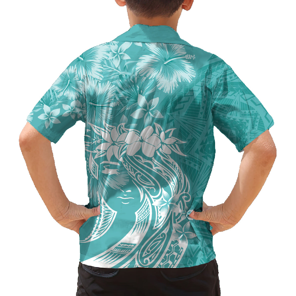 Polynesian Women's Day Family Matching Off Shoulder Long Sleeve Dress and Hawaiian Shirt Plumeria Passion - Teal LT7 - Polynesian Pride