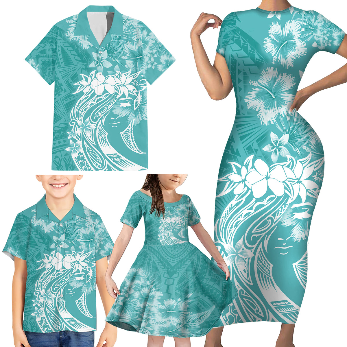 Polynesian Women's Day Family Matching Short Sleeve Bodycon Dress and Hawaiian Shirt Plumeria Passion - Teal LT7 - Polynesian Pride