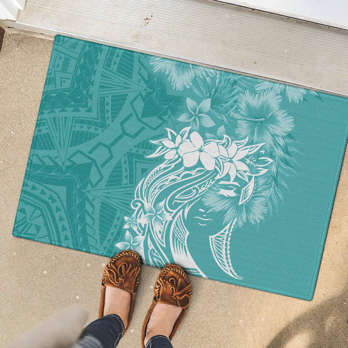 Polynesian Women's Day Rubber Doormat Plumeria Passion - Teal LT7 - Polynesian Pride