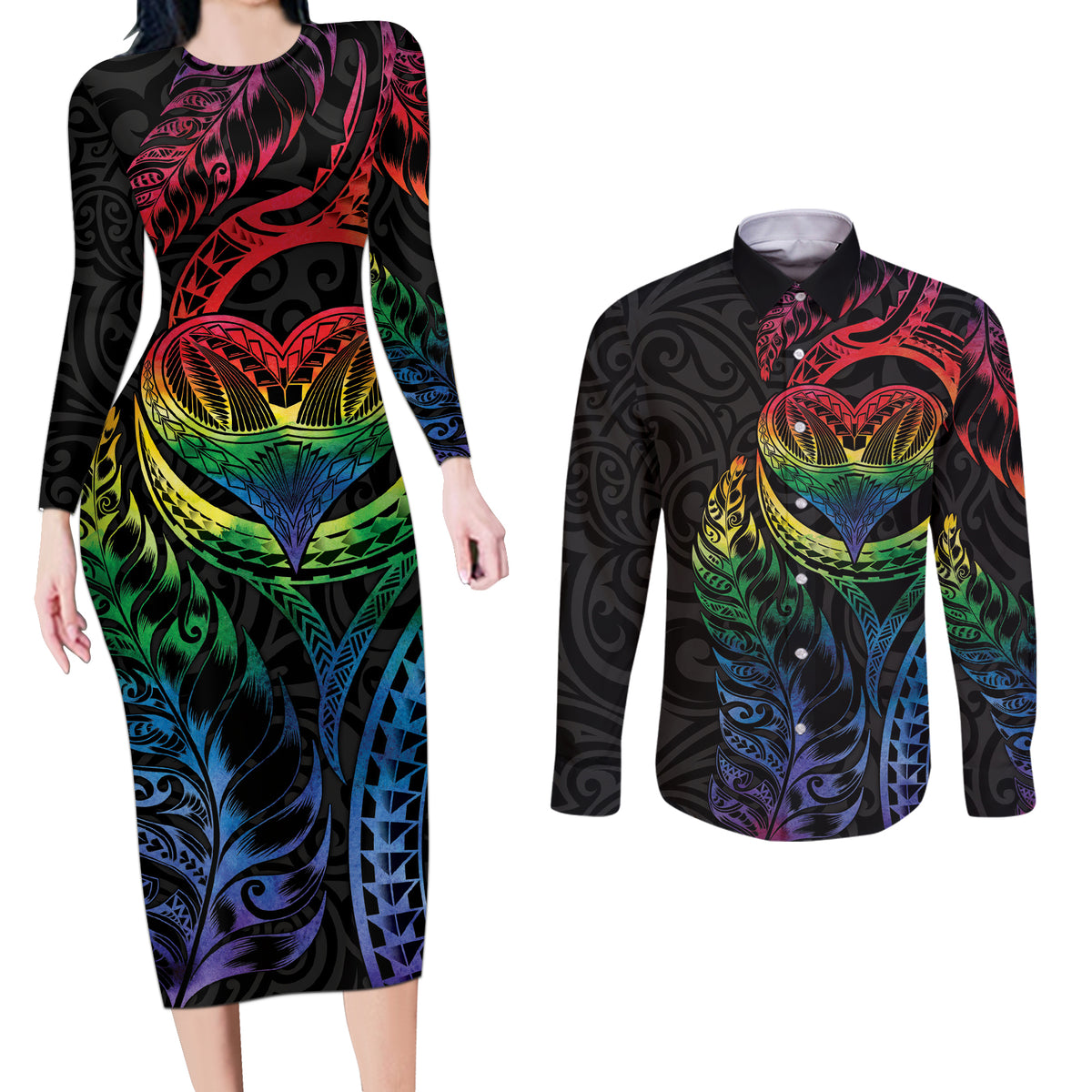 New Zealand Pride Couples Matching Long Sleeve Bodycon Dress and Long Sleeve Button Shirt Takatapui Rainbow Fern LT7 Colorful - Polynesian Pride