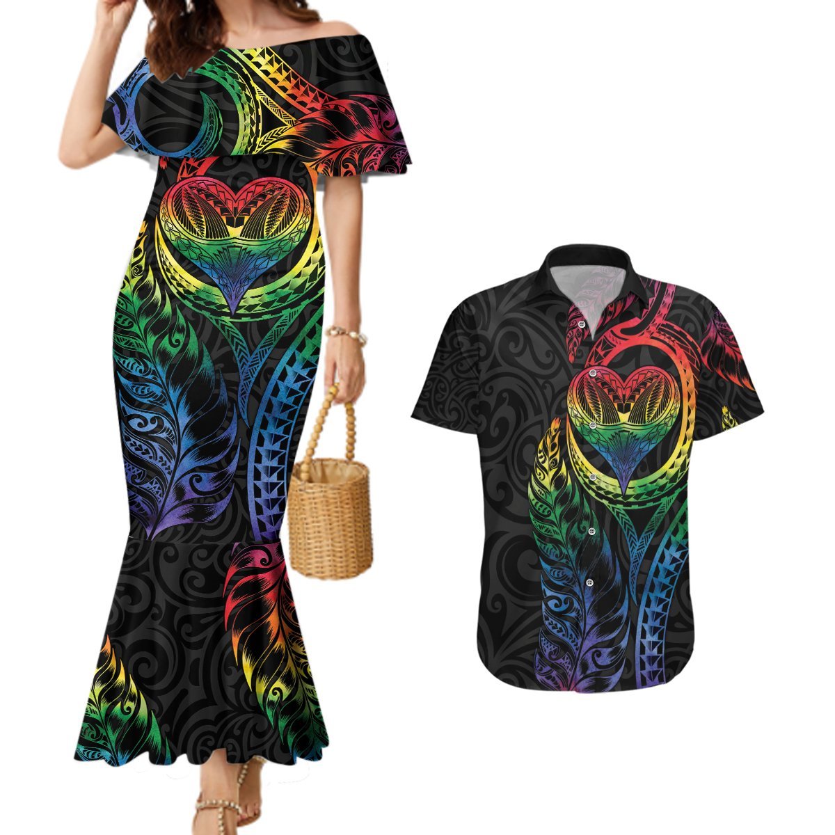 New Zealand Pride Couples Matching Mermaid Dress and Hawaiian Shirt Takatapui Rainbow Fern LT7 Colorful - Polynesian Pride