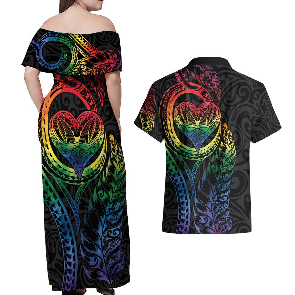 New Zealand Pride Couples Matching Off Shoulder Maxi Dress and Hawaiian Shirt Takatapui Rainbow Fern LT7 - Polynesian Pride