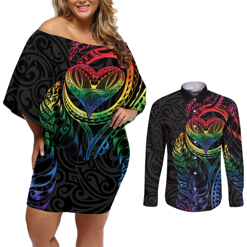 New Zealand Pride Couples Matching Off Shoulder Short Dress and Long Sleeve Button Shirt Takatapui Rainbow Fern