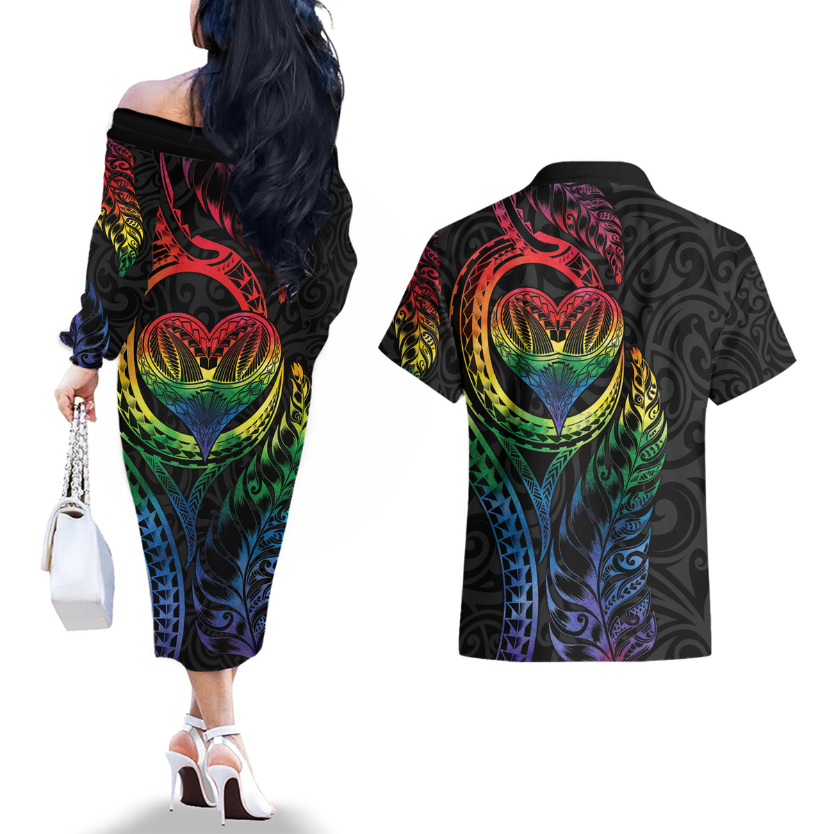 New Zealand Pride Couples Matching Off The Shoulder Long Sleeve Dress and Hawaiian Shirt Takatapui Rainbow Fern LT7 - Polynesian Pride
