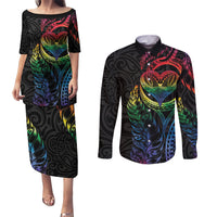 New Zealand Pride Couples Matching Puletasi and Long Sleeve Button Shirt Takatapui Rainbow Fern