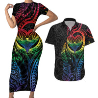 New Zealand Pride Couples Matching Short Sleeve Bodycon Dress and Hawaiian Shirt Takatapui Rainbow Fern LT7 Colorful - Polynesian Pride