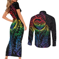New Zealand Pride Couples Matching Short Sleeve Bodycon Dress and Long Sleeve Button Shirt Takatapui Rainbow Fern LT7 - Polynesian Pride