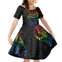 New Zealand Pride Family Matching Off The Shoulder Long Sleeve Dress and Hawaiian Shirt Takatapui Rainbow Fern LT7 Daughter's Dress Colorful - Polynesian Pride