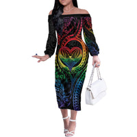 New Zealand Pride Family Matching Off The Shoulder Long Sleeve Dress and Hawaiian Shirt Takatapui Rainbow Fern LT7 Mom's Dress Colorful - Polynesian Pride