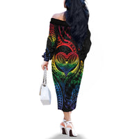 New Zealand Pride Family Matching Off The Shoulder Long Sleeve Dress and Hawaiian Shirt Takatapui Rainbow Fern LT7 - Polynesian Pride