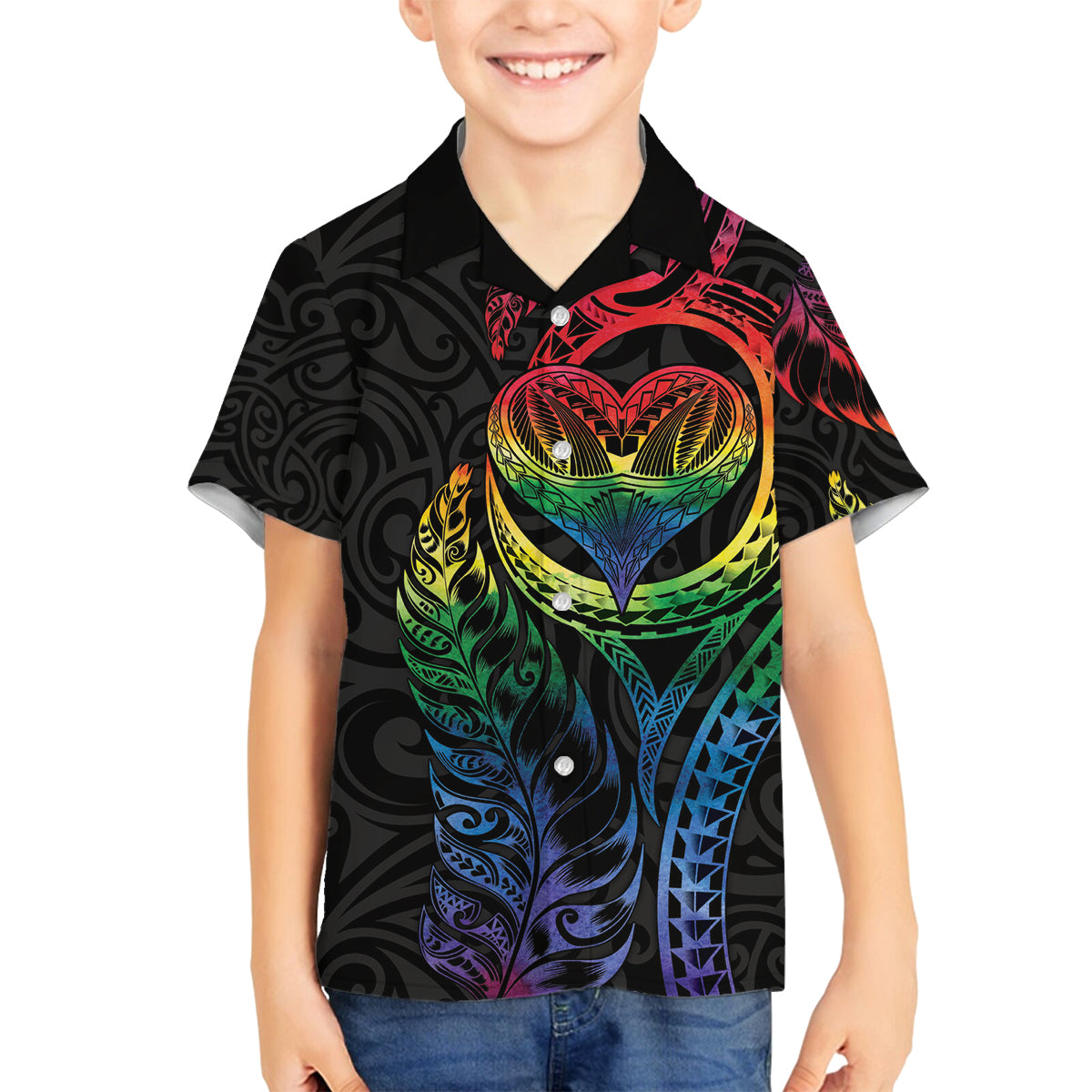New Zealand Pride Family Matching Off The Shoulder Long Sleeve Dress and Hawaiian Shirt Takatapui Rainbow Fern LT7 Son's Shirt Colorful - Polynesian Pride