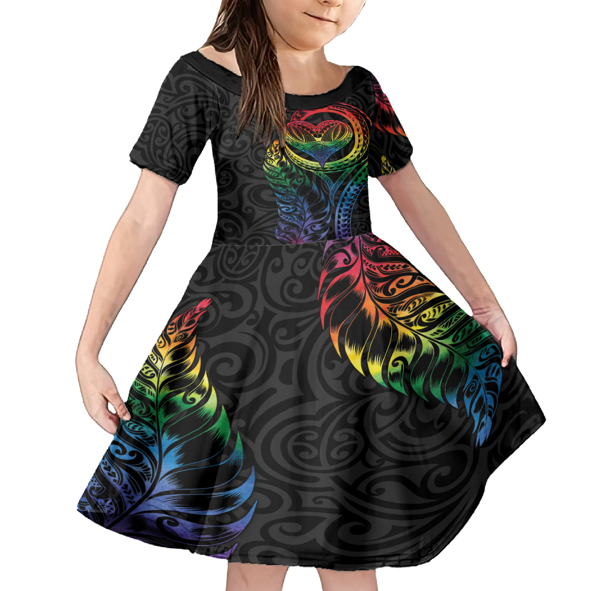 New Zealand Pride Family Matching Off Shoulder Maxi Dress and Hawaiian Shirt Takatapui Rainbow Fern LT7 Daughter's Dress Colorful - Polynesian Pride
