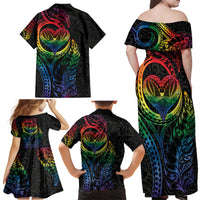 New Zealand Pride Family Matching Off Shoulder Maxi Dress and Hawaiian Shirt Takatapui Rainbow Fern LT7 - Polynesian Pride