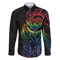 New Zealand Pride Family Matching Off Shoulder Maxi Dress and Hawaiian Shirt Takatapui Rainbow Fern LT7 Dad's Shirt - Long Sleeve Colorful - Polynesian Pride