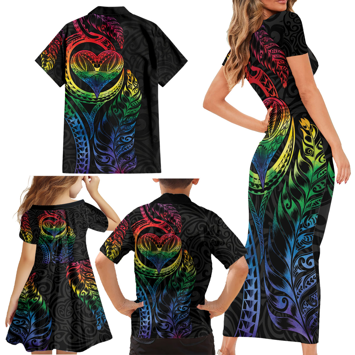 New Zealand Pride Family Matching Short Sleeve Bodycon Dress and Hawaiian Shirt Takatapui Rainbow Fern LT7 - Polynesian Pride
