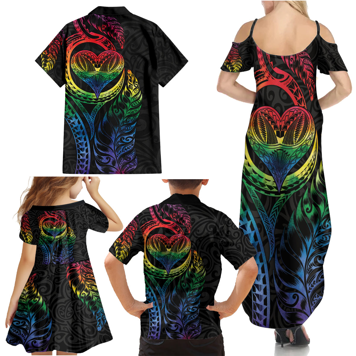 New Zealand Pride Family Matching Summer Maxi Dress and Hawaiian Shirt Takatapui Rainbow Fern LT7 - Polynesian Pride