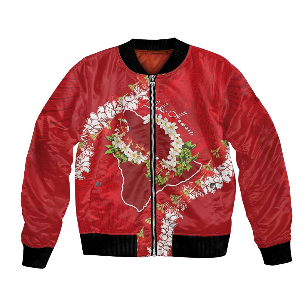 Hawaii Island Flowers Lei Bomber Jacket Ohia Lehua Scarlet Red