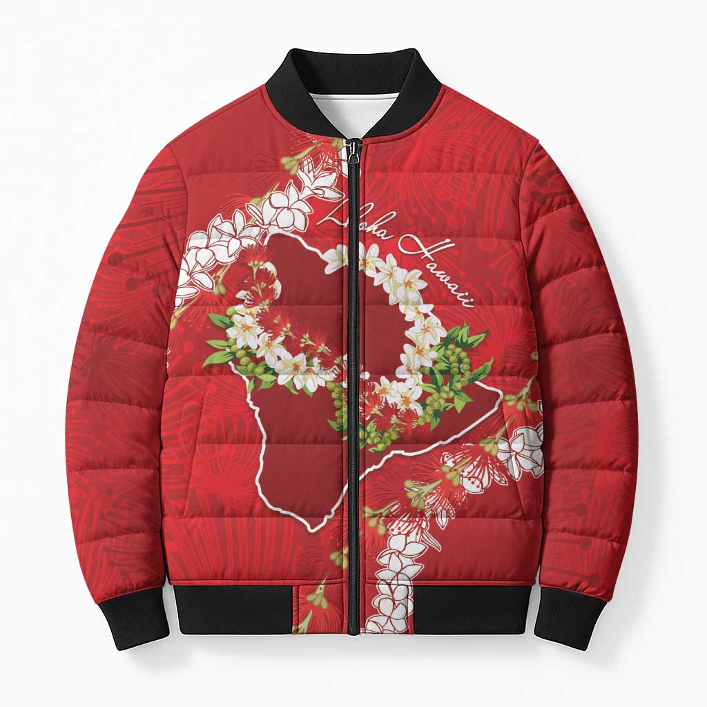 Hawaii Island Flowers Lei Bomber Puffer Jacket Ohia Lehua Scarlet Red