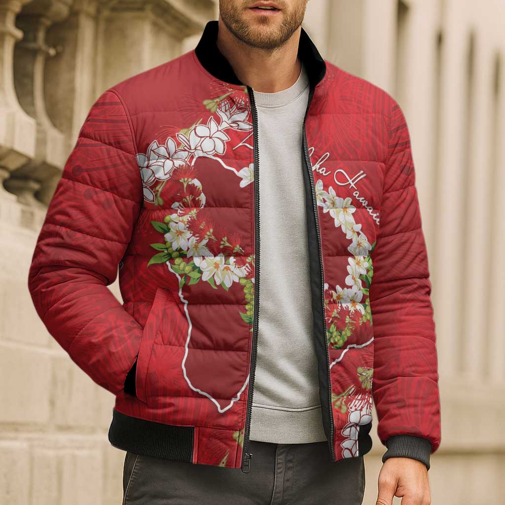 Hawaii Island Flowers Lei Bomber Puffer Jacket Ohia Lehua Scarlet Red