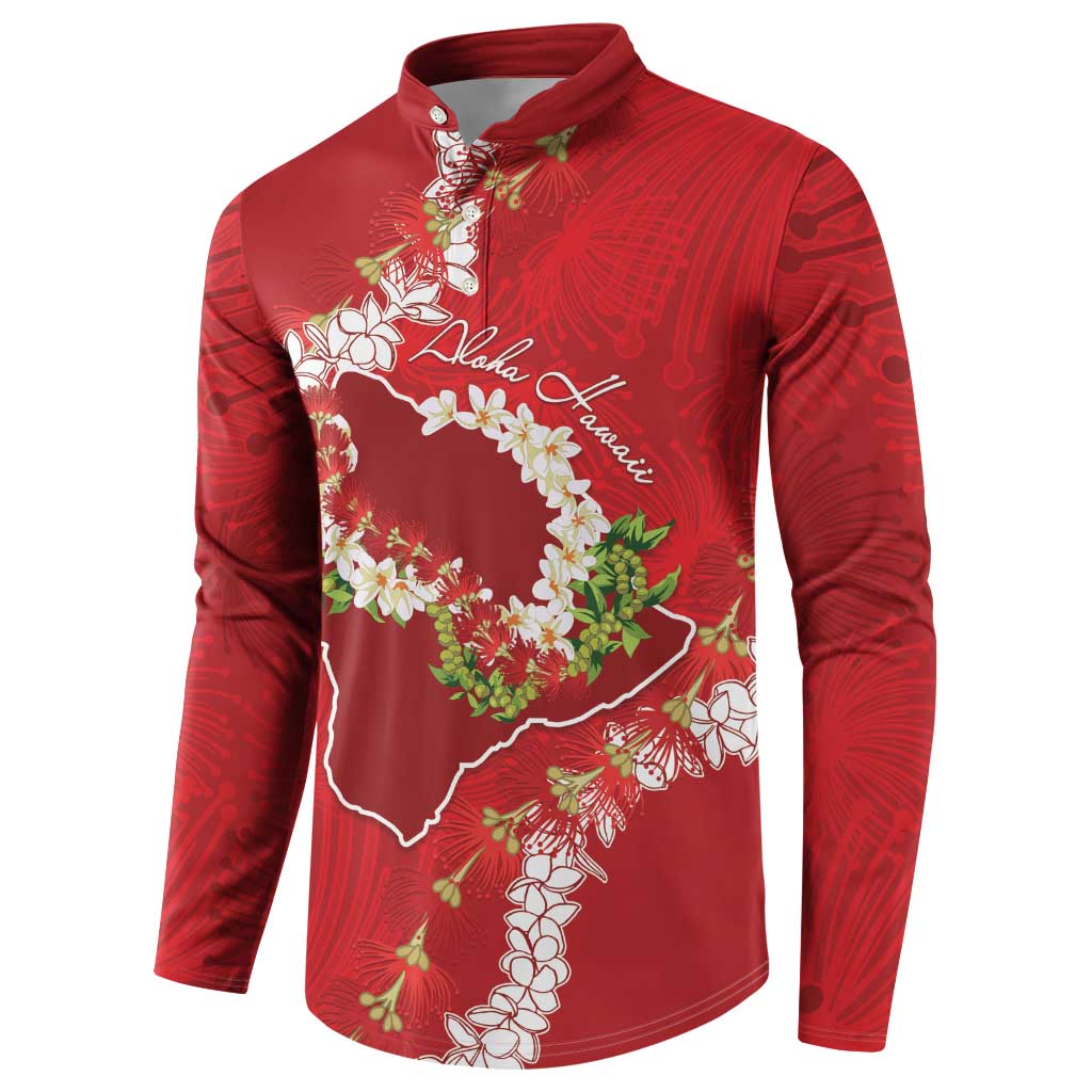 Hawaii Island Flowers Lei Button Sweatshirt Ohia Lehua Scarlet Red