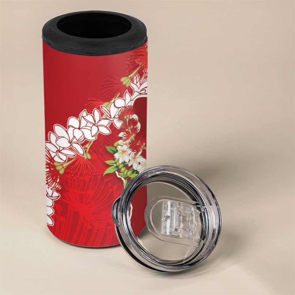 Hawaii Island Flowers Lei 4 in 1 Can Cooler Tumbler Ohia Lehua Scarlet Red