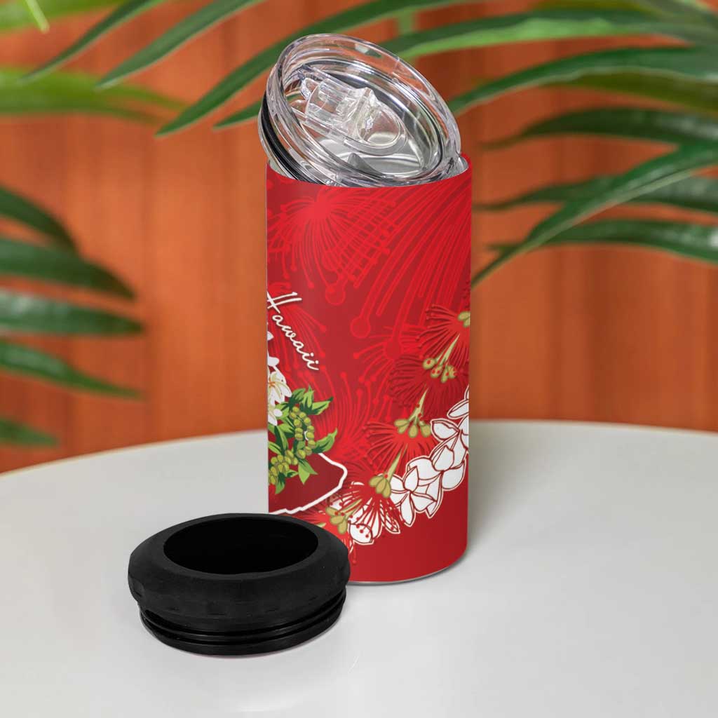 Hawaii Island Flowers Lei 4 in 1 Can Cooler Tumbler Ohia Lehua Scarlet Red