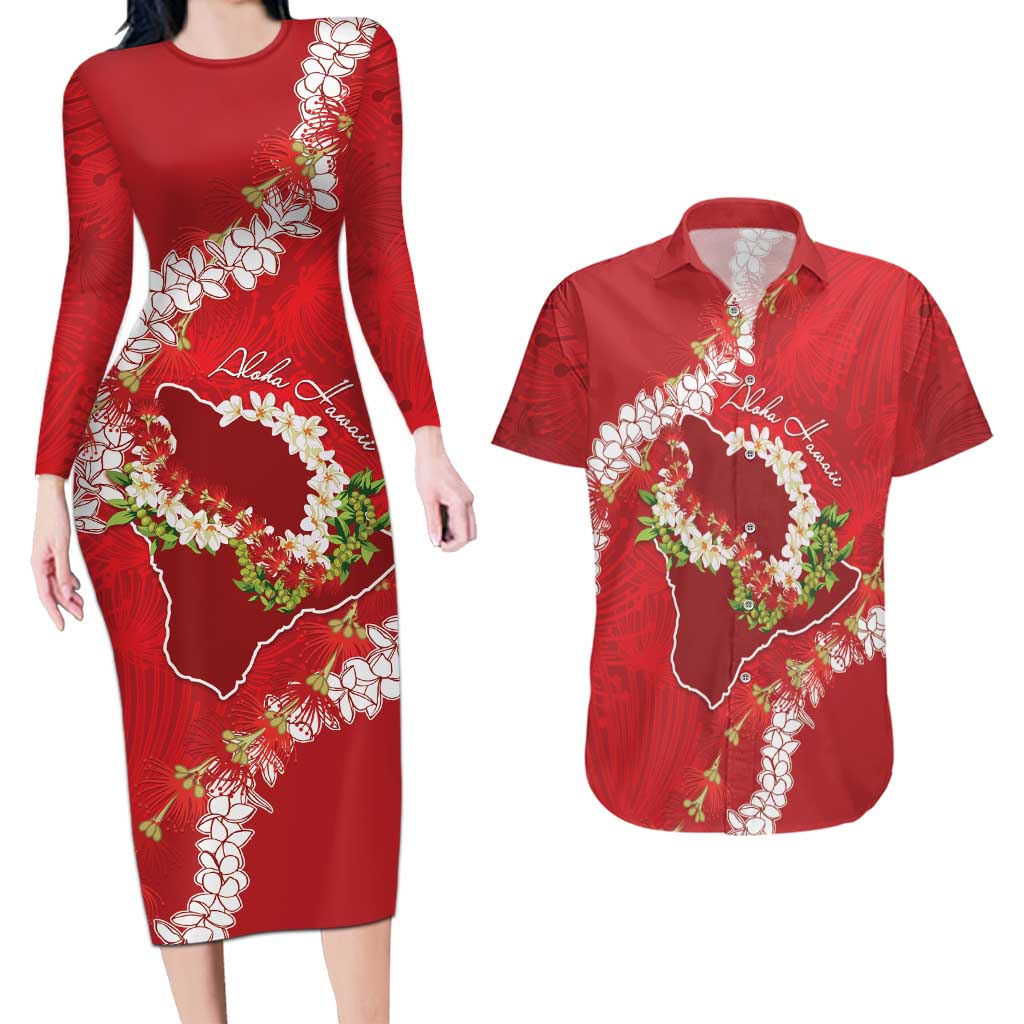 Hawaii Island Flowers Lei Couples Matching Long Sleeve Bodycon Dress and Hawaiian Shirt Ohia Lehua Scarlet Red LT7 Red - Polynesian Pride
