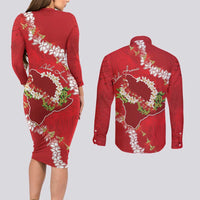 Hawaii Island Flowers Lei Couples Matching Long Sleeve Bodycon Dress and Long Sleeve Button Shirt Ohia Lehua Scarlet Red LT7 - Polynesian Pride