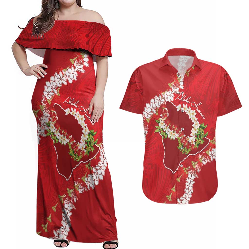 Hawaii Island Flowers Lei Couples Matching Off Shoulder Maxi Dress and Hawaiian Shirt Ohia Lehua Scarlet Red LT7 Red - Polynesian Pride
