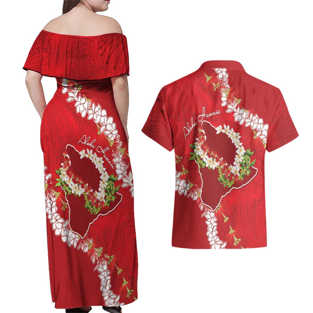Hawaii Island Flowers Lei Couples Matching Off Shoulder Maxi Dress and Hawaiian Shirt Ohia Lehua Scarlet Red LT7 - Polynesian Pride