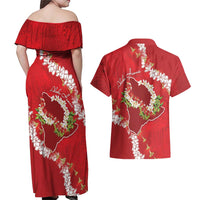 Hawaii Island Flowers Lei Couples Matching Off Shoulder Maxi Dress and Hawaiian Shirt Ohia Lehua Scarlet Red LT7 - Polynesian Pride