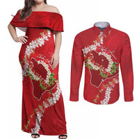 Hawaii Island Flowers Lei Couples Matching Off Shoulder Maxi Dress and Long Sleeve Button Shirt Ohia Lehua Scarlet Red