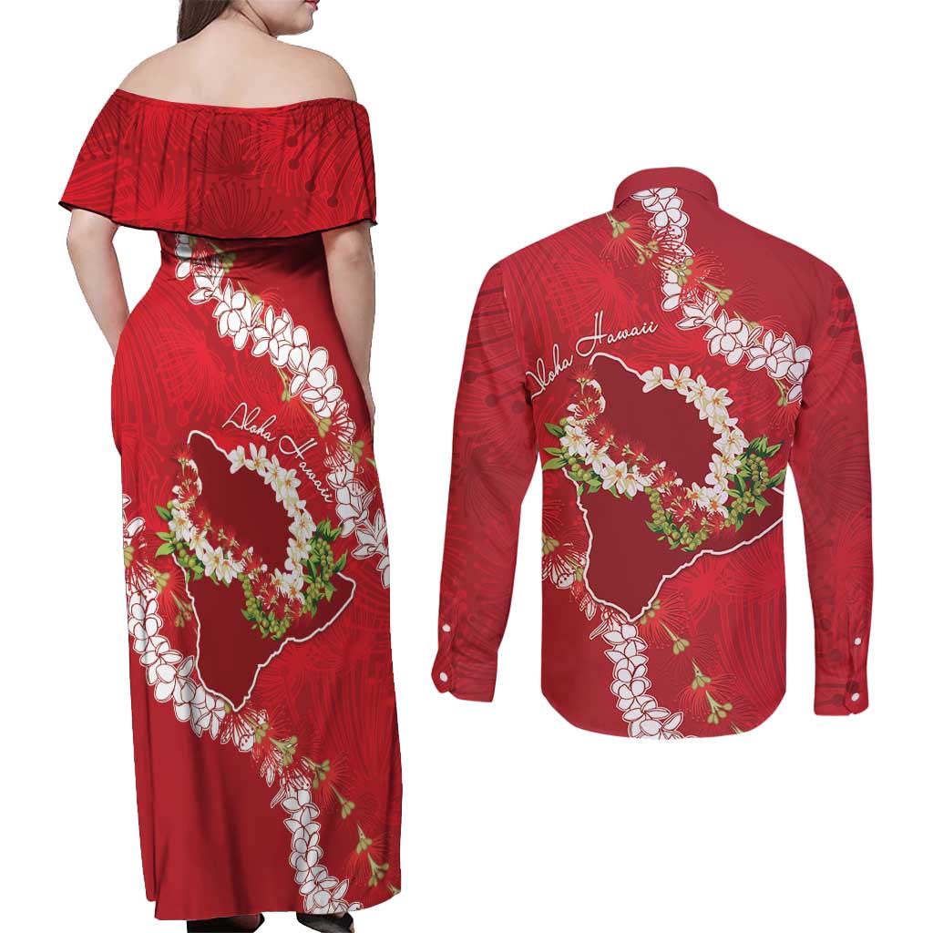 Hawaii Island Flowers Lei Couples Matching Off Shoulder Maxi Dress and Long Sleeve Button Shirt Ohia Lehua Scarlet Red