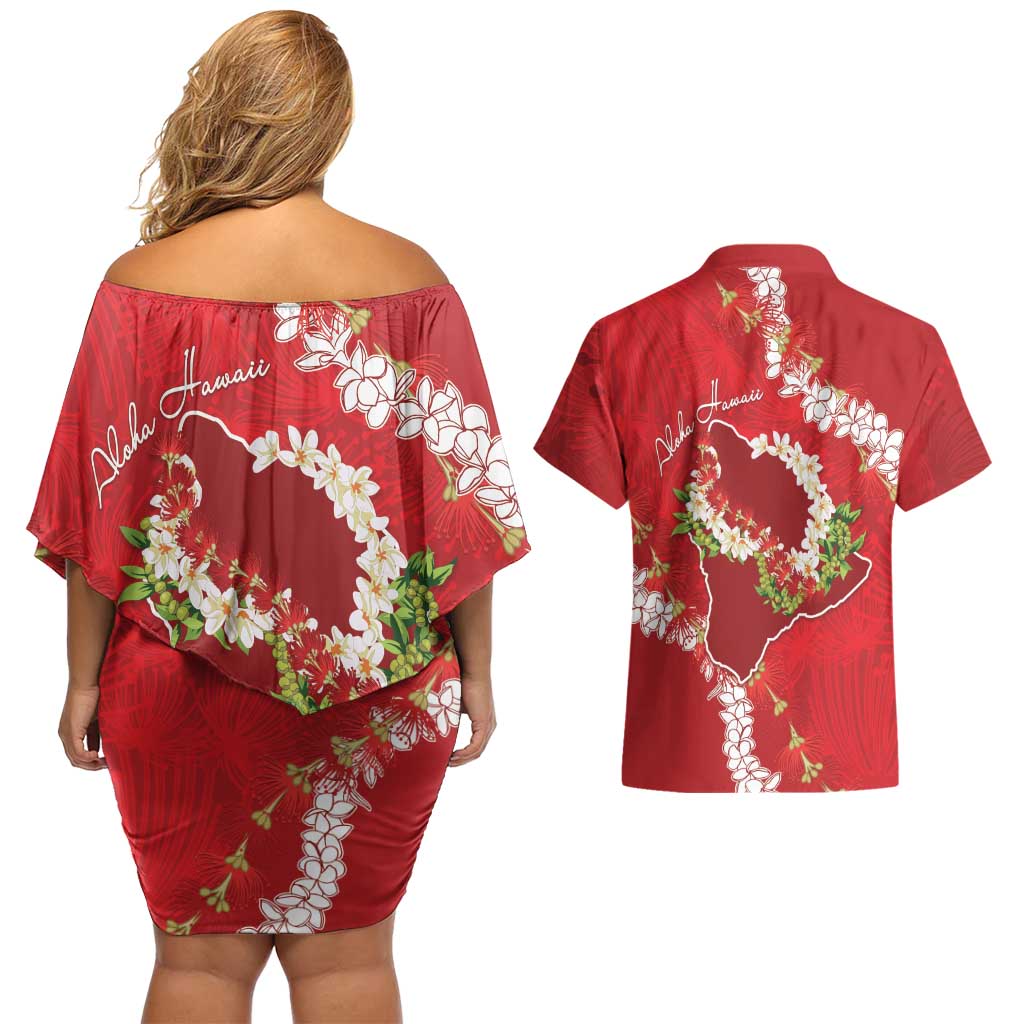 Hawaii Island Flowers Lei Couples Matching Off Shoulder Short Dress and Hawaiian Shirt Ohia Lehua Scarlet Red LT7 - Polynesian Pride