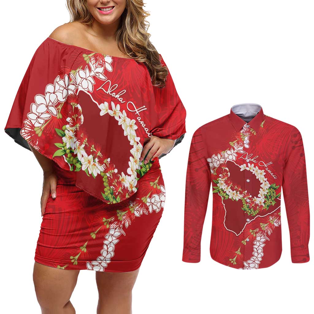 Hawaii Island Flowers Lei Couples Matching Off Shoulder Short Dress and Long Sleeve Button Shirt Ohia Lehua Scarlet Red LT7 Red - Polynesian Pride