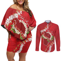 Hawaii Island Flowers Lei Couples Matching Off Shoulder Short Dress and Long Sleeve Button Shirt Ohia Lehua Scarlet Red LT7 Red - Polynesian Pride