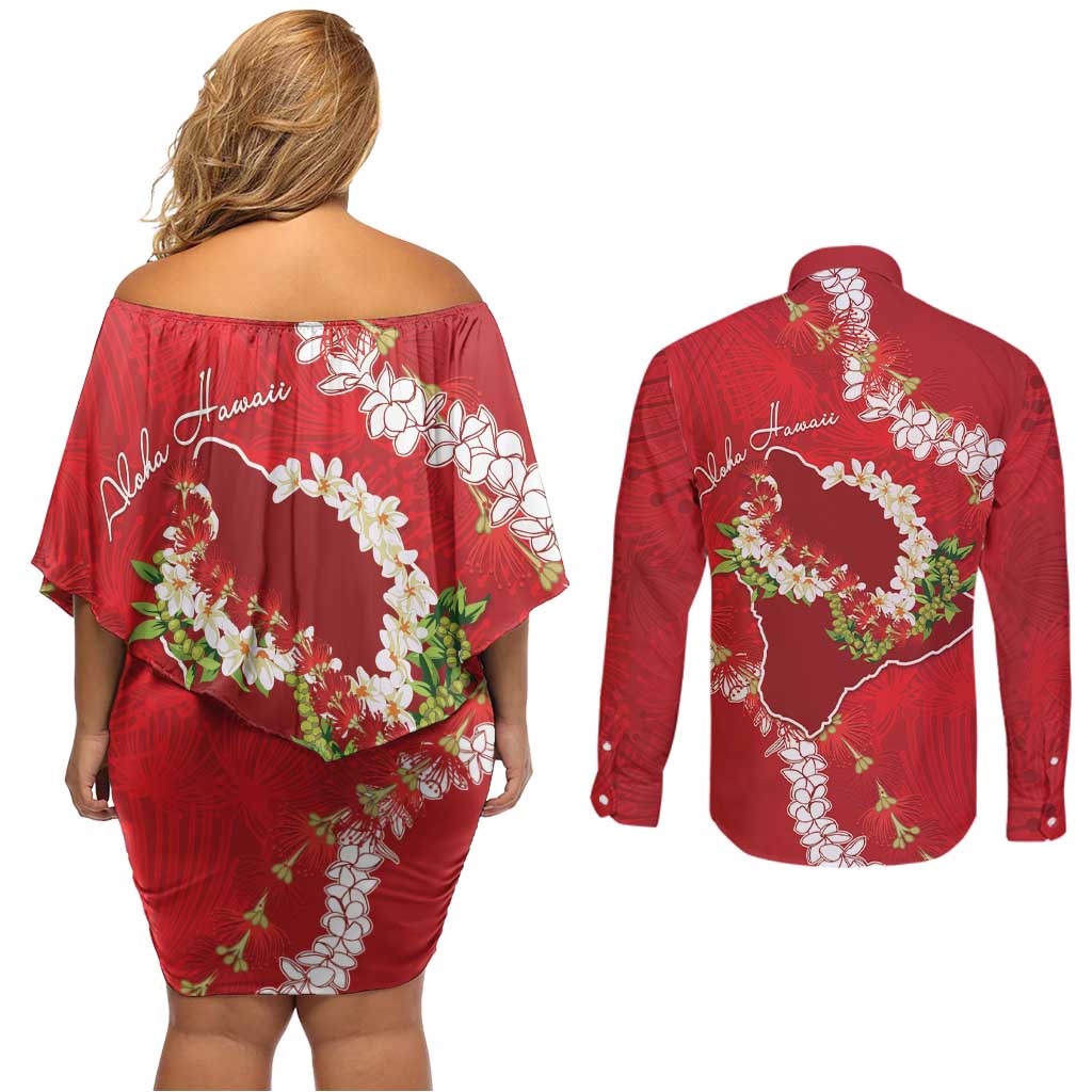Hawaii Island Flowers Lei Couples Matching Off Shoulder Short Dress and Long Sleeve Button Shirt Ohia Lehua Scarlet Red LT7 - Polynesian Pride
