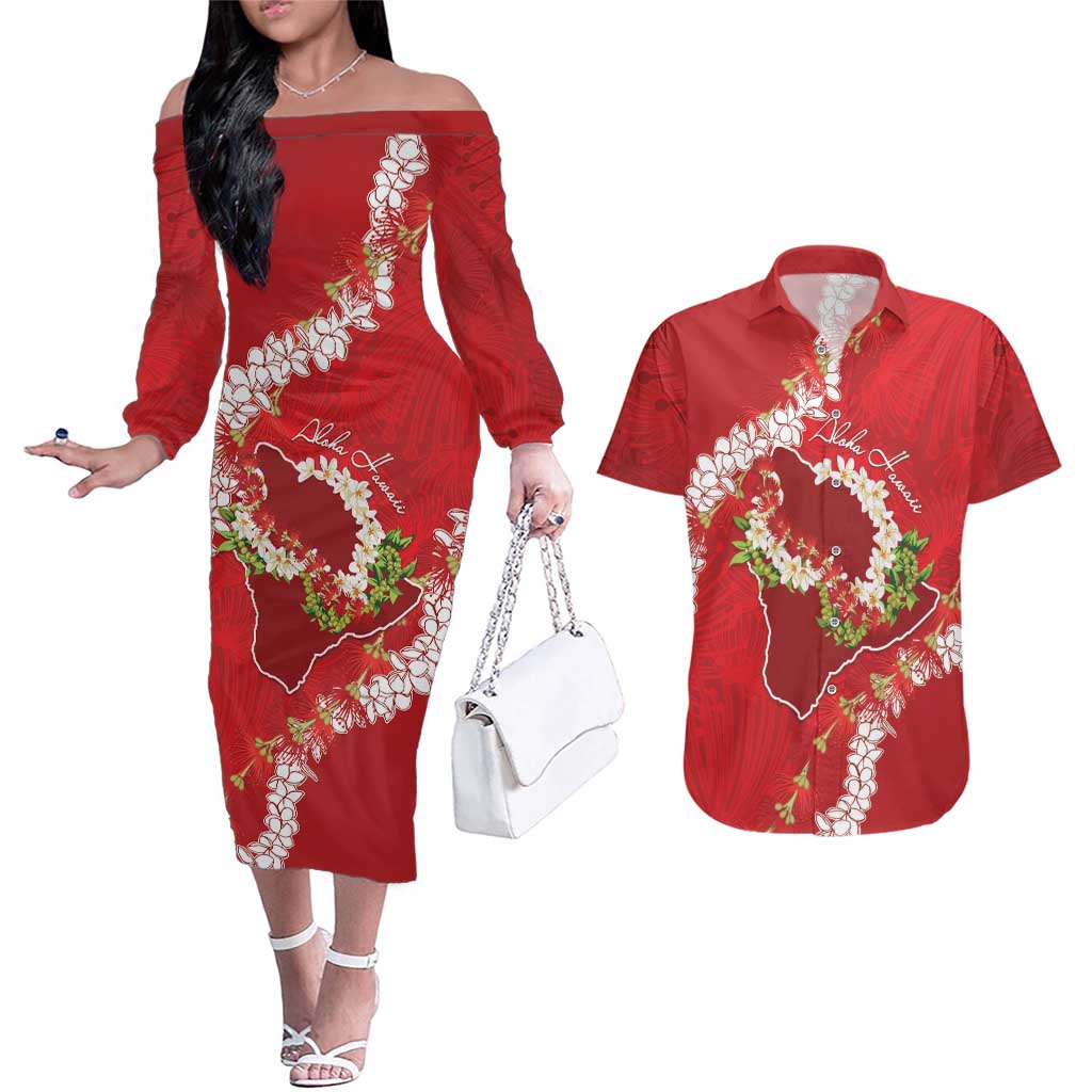 Hawaii Island Flowers Lei Couples Matching Off The Shoulder Long Sleeve Dress and Hawaiian Shirt Ohia Lehua Scarlet Red LT7 Red - Polynesian Pride