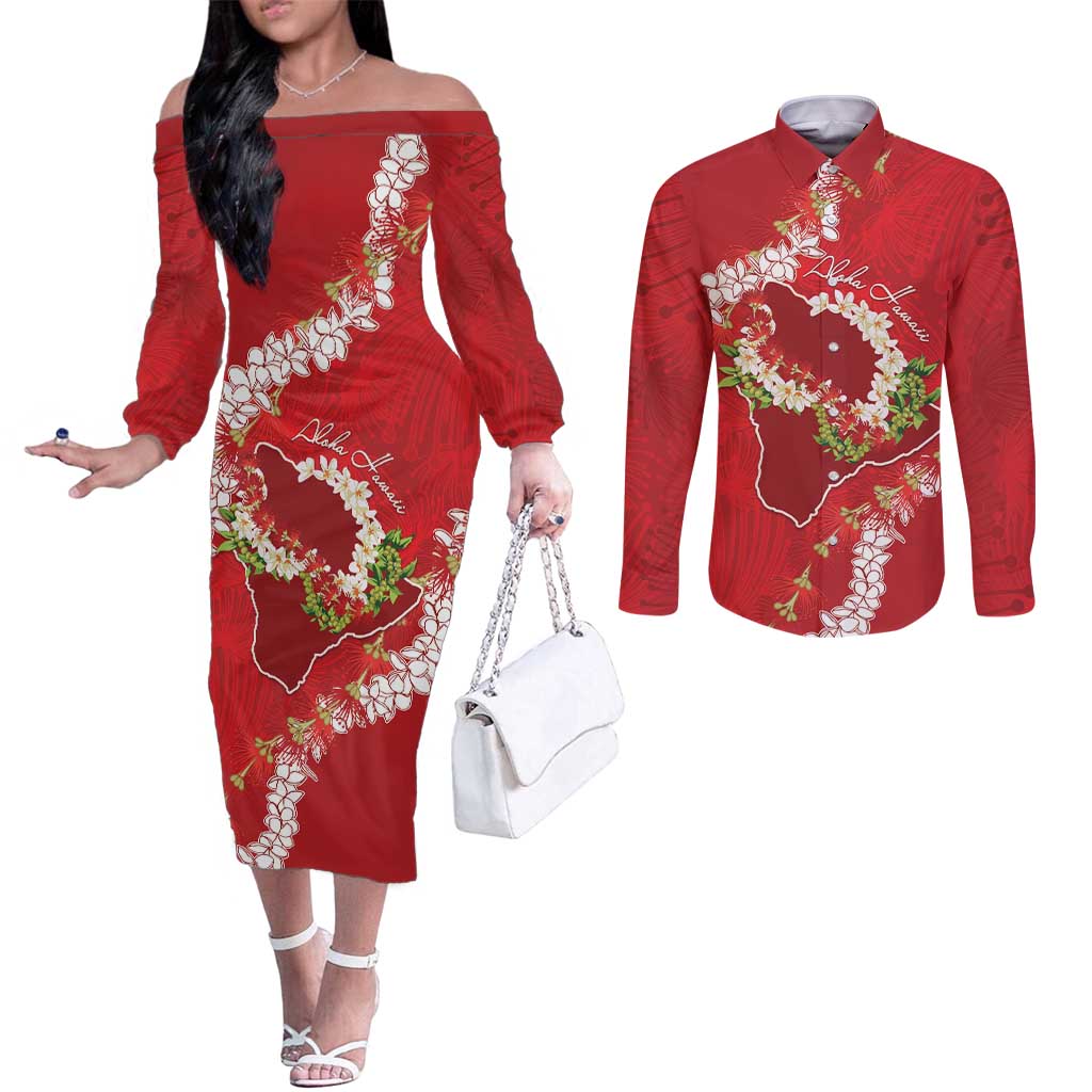Hawaii Island Flowers Lei Couples Matching Off The Shoulder Long Sleeve Dress and Long Sleeve Button Shirt Ohia Lehua Scarlet Red LT7 Red - Polynesian Pride
