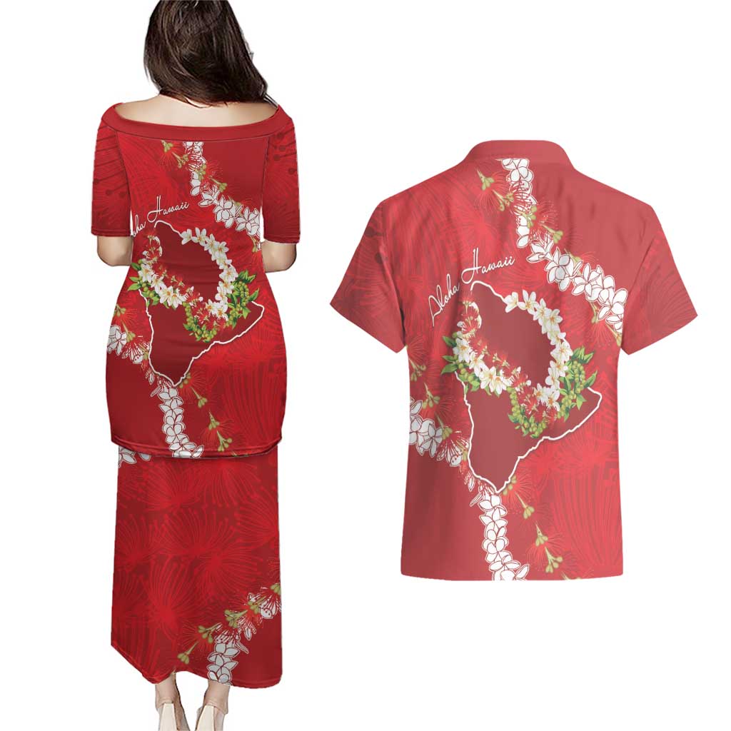 Hawaii Island Flowers Lei Couples Matching Puletasi and Hawaiian Shirt Ohia Lehua Scarlet Red LT7 - Polynesian Pride